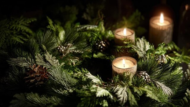A festive Christmas advent wreath with three burning candles. Close-up of a traditional holiday decoration with glowing flames. Winter celebration concept