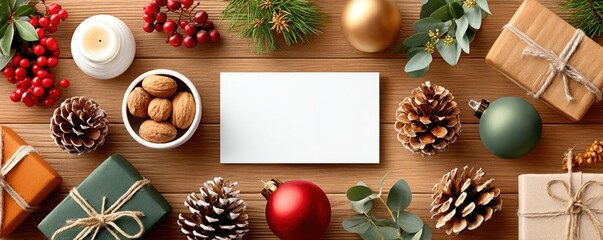 Blank white square card mockup surrounded by festive Christmas decorations and gifts