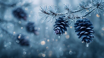Frost covered evergreen branch displays deep blue pinecones with melting ice droplets against a soft bokeh background