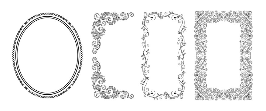 Ornate frames and borders line art in black and white