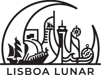 Lisboa lunar black silhouette with historic ships monument and nautical elements