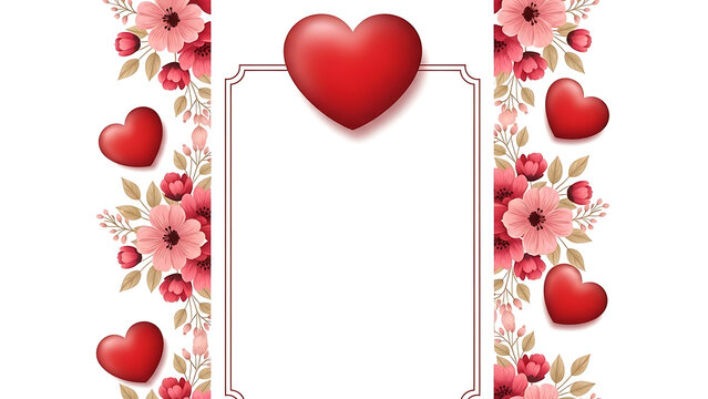 Romantic vertical frame with red hearts and pink flowers border for invitations or greeting cards