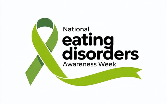 National Eating Disorders Awareness Week Banner with a Green Ribbon Symbol for Mental Health Support and Clinical Educational Campaigns