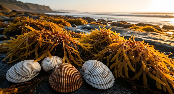 Close-up of sea shells and golden-brown seaweed on rocky shore at sunset, with ocean and distant coastline in the background.