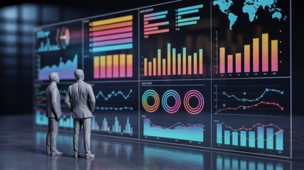 Two businessmen analyzing colorful data screens in modern office