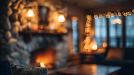 Cozy Fireplace Glow Blurry Festive Winter Cabin Interior.