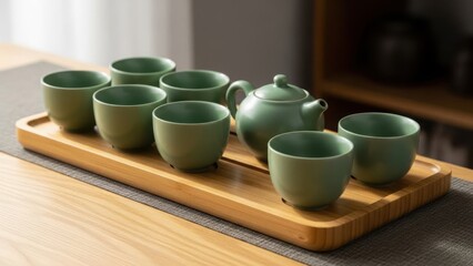 Traditional green ceramic Asian tea set on a wooden tray. Close-up of a teapot and cups for a Japanese or Chinese tea ceremony