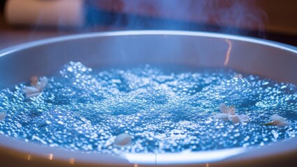 Hot bubbling water with flowers in a bowl for a spa treatment. Blue hydrotherapy background for aromatherapy and relaxation concept
