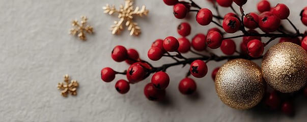 Festive gold ornaments and red berries on white background for Christmas decor and holiday centerpiece