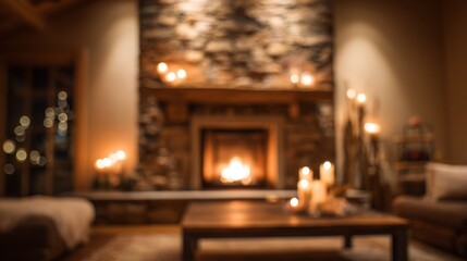 Cozy Fireplace Warm candles glow in a blurred living room Comfort.