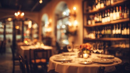 Warm ambiance Romantic restaurant setting with wine display.