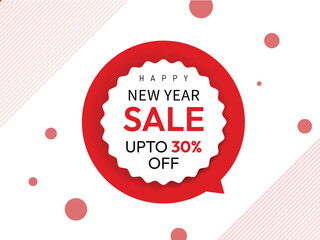 Happy New Year Sale Promotion Badge with Red Circular Speech Bubble Design Highlighting Limited Time Discount Offer for Modern Marketing Campaigns