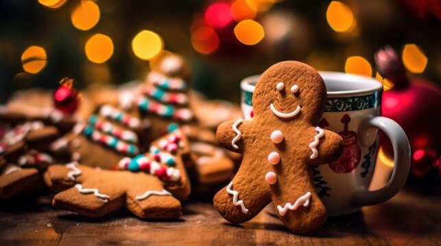 Christmas gingerbread cookies with cup of cacao. Traditional Christmas gingerbread men isolated on background with copy space. Festive winter dessert concept. Merry Christmas and holiday time.