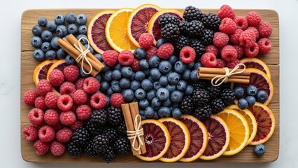 Holiday Fruit Platter with Berries, Oranges and Cinnamon in Warm Flat-Lay Style