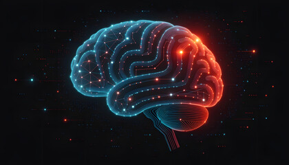 Artificial intelligence brain with glowing circuits and data flow over dark background