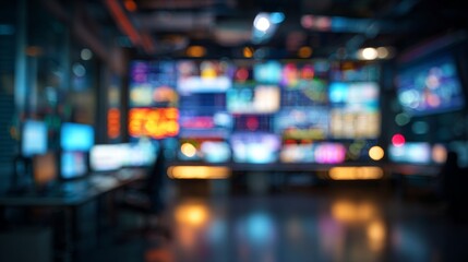 Blurred Newsroom Tech with Monitoring, Control Room, and Broadcasting Studio.