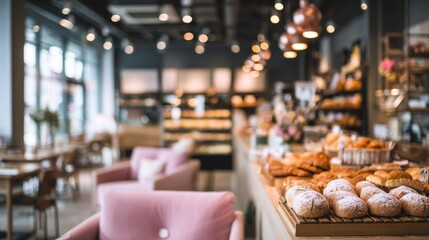 Cozy Bakery Bliss Fresh Pastries  Pink Seats Invite Sweet Escape.