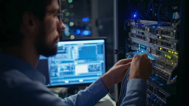 Medium shot of an engineer configuring secure network protocols on advanced routers to enhance system security