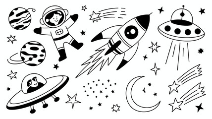 Obraz premium Space Adventure Cartoon Illustration with Astronaut, Rocket, UFO, Planets, and Stars