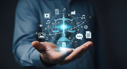 Human hand holding a glowing holographic projection of scales of justice representing AI driven ethical decisions