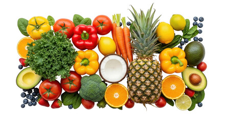 Fresh fruit and vegetable arrangement on white background