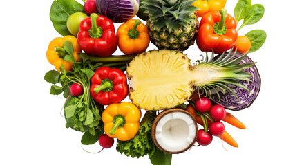 Fresh fruits and vegetables arranged in a circular pattern