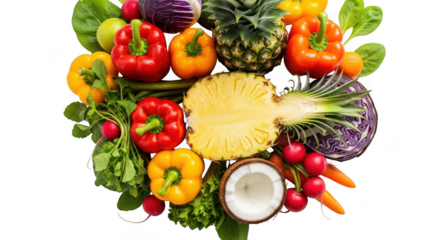 Fresh fruits and vegetables arranged in a circular pattern