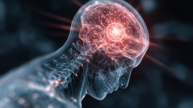 Futuristic translucent human silhouette showcasing illuminated brain activity, neural connections, and spine, representing advanced technology in neurobiology and cognition