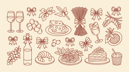 Food and drink illustrations including wine, cheese, pasta, desserts and more