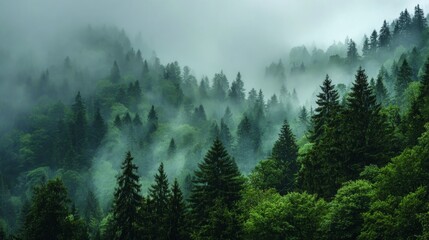 Misty Mountain Majesty Forest peaks veiled in morning fog.