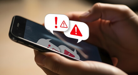 Human hands holding a smartphone displaying multiple warning symbols and alert speech bubbles