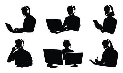 Customer Support Team Silhouette Using Headsets and Laptops