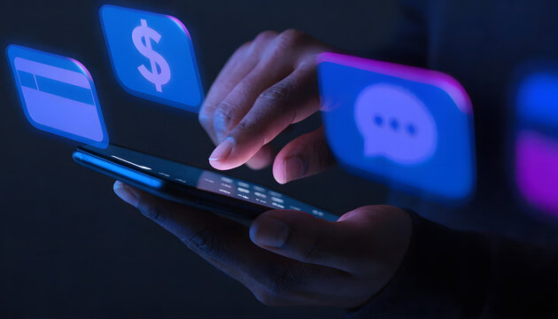 Fingers interacting with smartphone, displaying icons for online payments and communication - Powered by Adobe