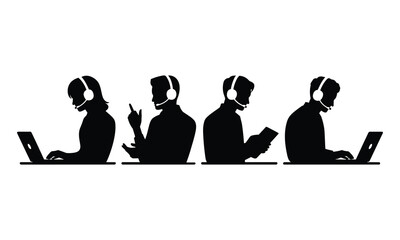 Customer Support Team Silhouette Using Headsets and Laptops