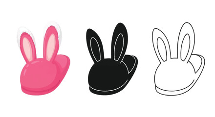 Three rabbit head illustrations in pink black and white line art styles