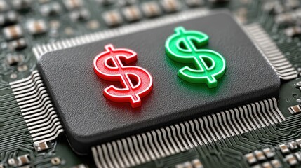 Red and Green Dollar Symbols on Microchip, Financial Technology Concept