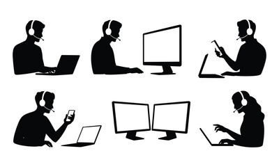 Customer Support Team Silhouette Using Headsets and Laptops