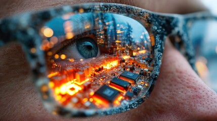 Futuristic Close-Up of Human Eye Reflected in Glowing Circuit Board Technology