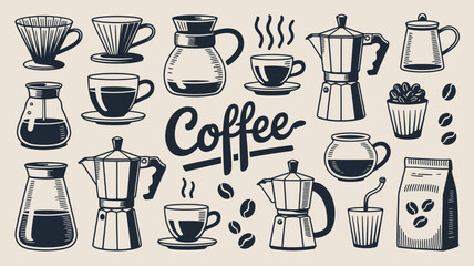 Coffee Essentials and Brewing Methods Illustrated in Vintage Style