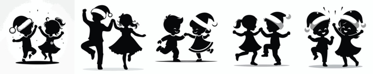 vector silhouette of little boy and little girl dancing happily on christmas