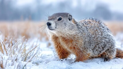 Obraz premium Wild Groundhog Standing in Snowy Meadow During Winter