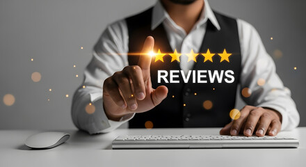 Man evaluating online customer feedback and product quality with glowing five star rating system interface
