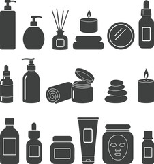 Elegant Beauty and Cosmetic Line Icons in Black and White Featuring Makeup Products and Skincare Essentials