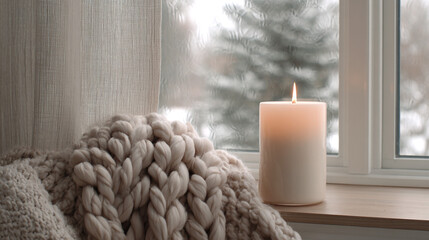 Cozy winter scene with lit white candle and chunky knit blanket by frosted window with snow outside, close-up