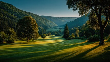 Fototapeta premium Sunlit Green Valley with Rolling Hills, Forest Trees and Peaceful Morning Light