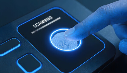 Finger pressing on a modern fingerprint scanner for digital security and identification