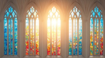 Fototapeta premium Sunlight Streaming Through Colorful Gothic Stained Glass Church Windows