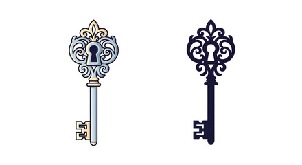Vintage ornate keys one in color and one as a silhouette