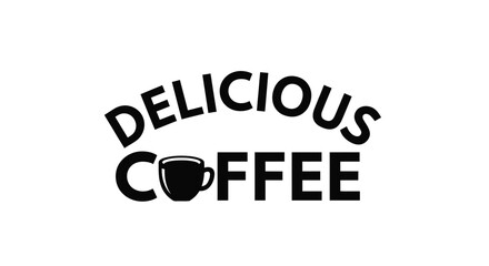 Simple graphic design featuring the word delicious and a coffee cup illustration