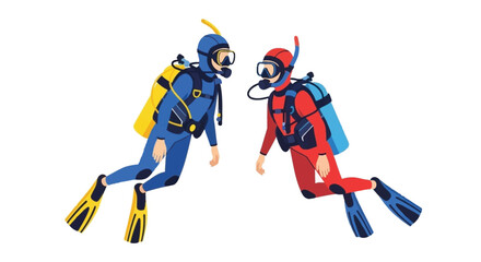 Two scuba divers equipped with gear swimming underwater in a colorful illustration
